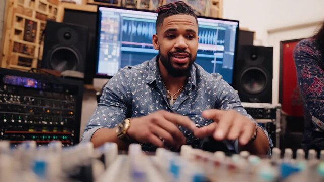 Medium shot of a music producer explaining mechanical licensing for reproducing and distributing recorded music tracks.