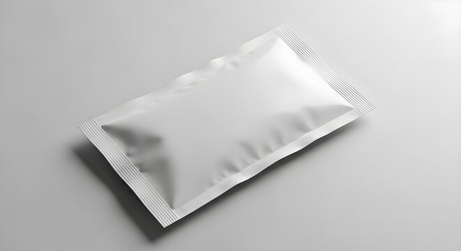 Blank white metallic foil sachet mockup angled on a light gray surface casting a subtle shadow perfect for showcasing food seasoning sauce or cosmetic product packaging designs with clean minimalism