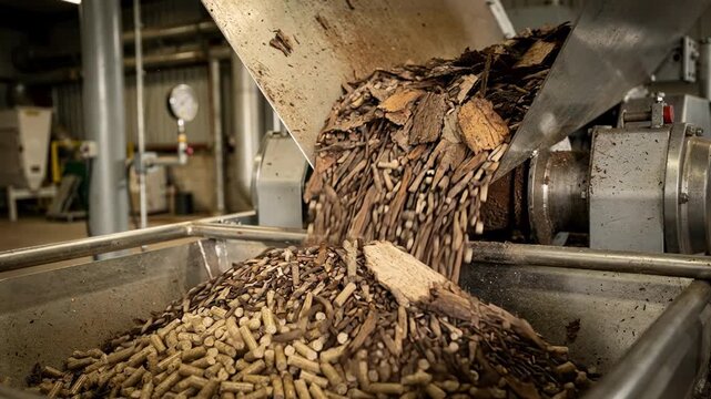 Closeup medium shot of bark offcuts funneled into a pelleting machine highlighting the transformation process for biomass fuel production.
