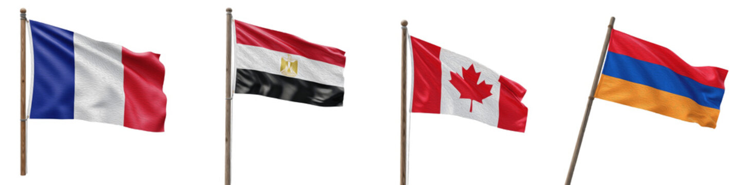 World Flags Set National Symbols of France Egypt Canada and Armenia Waving on Wooden Poles Isolated on White Background International Country Identity PNG