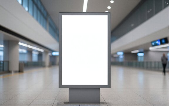 Blank billboard stands in modern empty transit hall. Sleek design