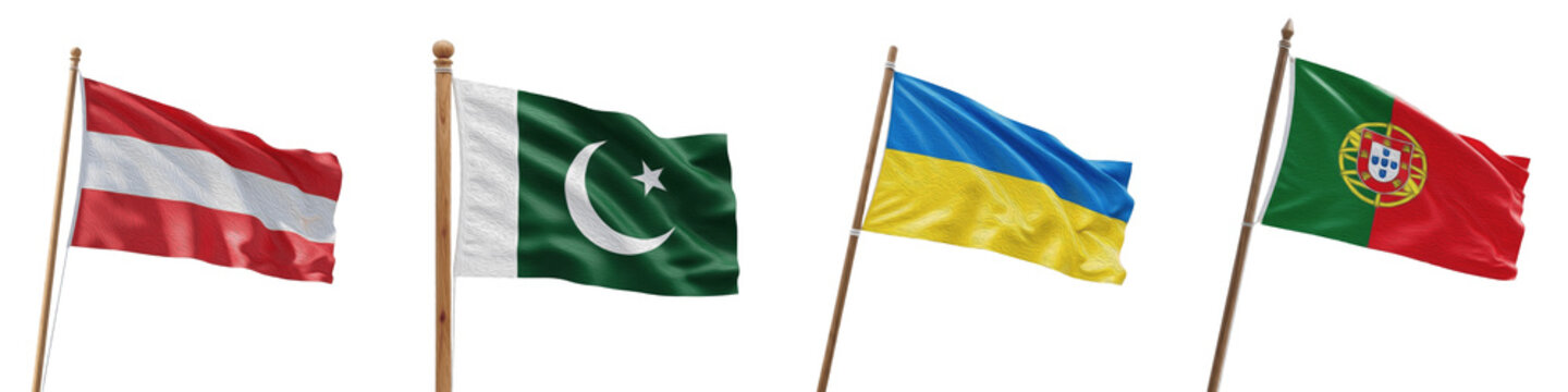 World Flags Set National Symbols of Austria Pakistan Ukraine and Portugal Waving on Wooden Poles Isolated on White Background International Country Identity