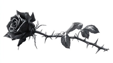 Black Rose with Thorns on White Background