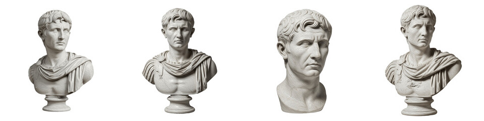 Obraz premium Classical Roman Bust Statue Set Antique Marble Sculpture of Julius Caesar Augustus Emperor Head Portrait Isolated on White Background Historical Art