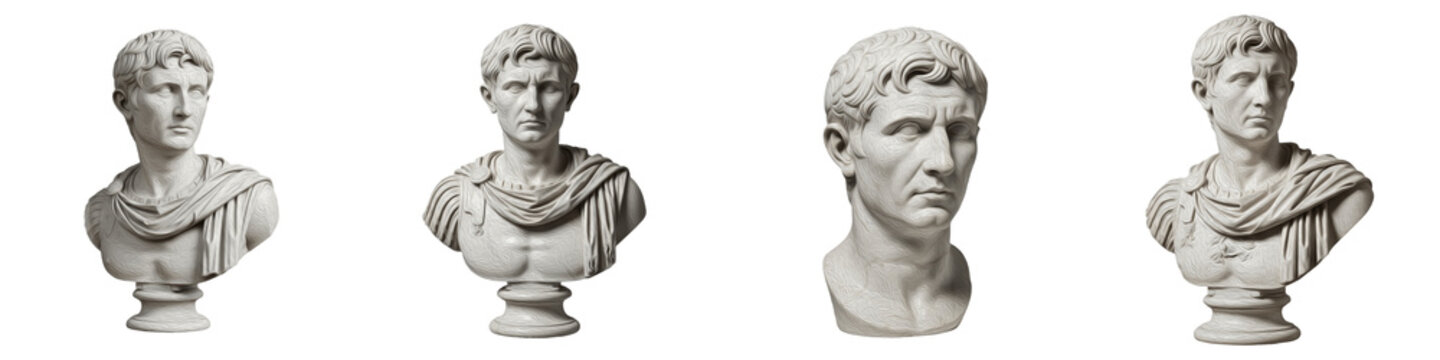 Classical Roman Bust Statue Set Antique Marble Sculpture of Julius Caesar Augustus Emperor Head Portrait Isolated on White Background Historical Art