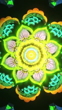 Bright floral mandala with smooth rotation and joyful symmetry, abstract sacred geometry vertical reel designed for uplifting meditation visuals and positive energy environments
