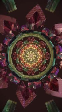 Ornamental mandala with earthy tones and deep symmetry, abstract spiritual vertical reel created for introspective meditation visuals and immersive contemplative atmospheres
