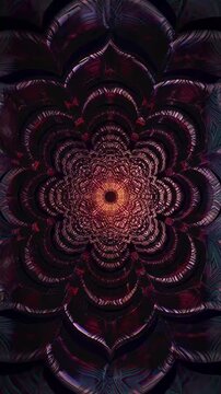 Dark red mandala with intricate petal symmetry and slow pulsation, abstract sacred geometry vertical reel designed for deep meditation and immersive spiritual focus

