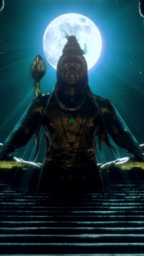 Shiva silhouette bathed in blue moonlight with serene posture, spiritual vertical reel crafted for meditation visuals, calm reflection and immersive devotional environments
