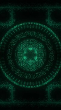 Emerald sacred mandala with circular energy waves and subtle rotation, spiritual vertical reel created for chakra meditation visuals and immersive contemplative spaces
