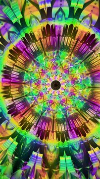 Multicolor kaleidoscopic mandala with dynamic radial motion and luminous depth, abstract sacred geometry vertical reel created for trance visuals and immersive energy flow
