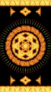 Golden yantra mandala with precise geometric symmetry and luminous rotation, spiritual vertical reel designed for focused meditation and sacred geometry contemplation
