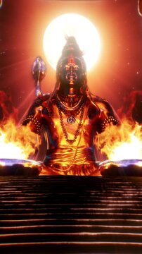 Shiva silhouette seated before a glowing red moon, spiritual vertical reel blending meditation visuals, cosmic symbolism and immersive devotional storytelling
