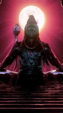 Shiva silhouette seated before a glowing red moon, spiritual vertical reel blending meditation visuals, cosmic symbolism and immersive devotional storytelling
