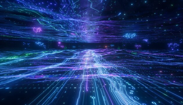 Expansive Cyber Ocean Composed of Flowing Data Streams and Glowing Light in a Futuristic Digital Landscape