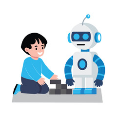 A child building lego blocks vector illustration  with Ai robot © Design Circle 