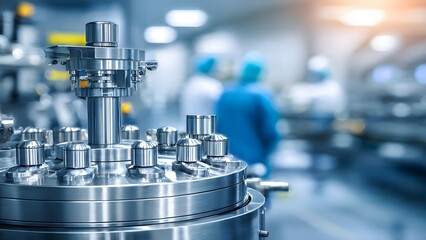 Close up of medicine vials moving on automated conveyor belt in modern pharmaceutical factory with blurred scientists monitoring sterile manufacturing process for medicine production industry.