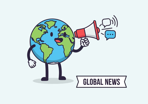 Cartoon Earth Character Announcing Global News with Megaphone.