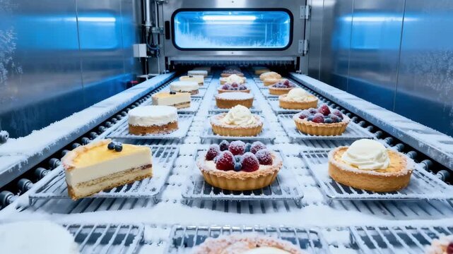 Medium shot of a straight blast freezer tunnel where multiple racks of desserts are evenly spaced and rapidly hardened under controlled freezing conditions.