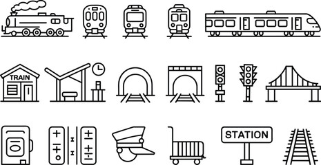 Railway and Train Line Icon Set Featuring Locomotive, High Speed Train, Station, Tunnel, Traffic Signal and Rail Track Outline Symbols © Ariful