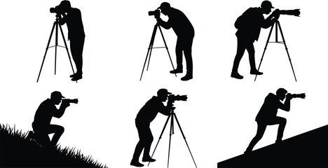 Professional photographer silhouettes with camera and tripod in dynamic shooting poses isolated on white background for creative photography and media design © Ariful