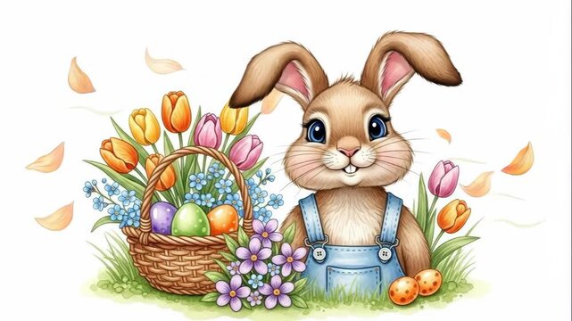 Cute cartoon easter rabbit in blue overalls smiles and waves beside a basket of colorful eggs and blooming flowers in a vibrant spring garden setting