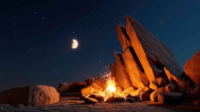Cozy Campfire Under Starry Sky with Moonlit Landscape at Night