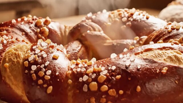 A close-up of a golden-brown pretzel with salt sprinkles on a cooling rack