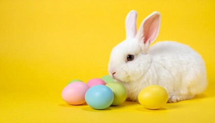 white rabbit with pastel easter eggs yellow background