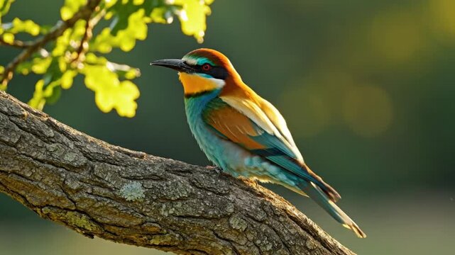 European bee-eater bird resting on a tree branch near lush green leaves with soft bokeh background