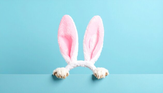 animal paws with bunny ear headband on blue background