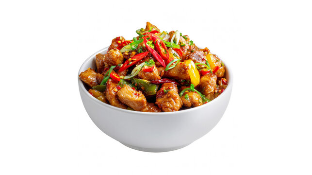Delicious spicy stir-fried meat with peppers and scallions served in a white bowl.