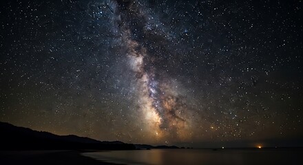 The Milky Way arches over a dark, serene coastline at night.
