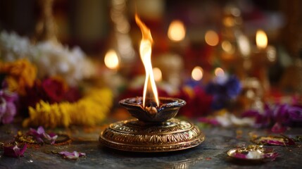 Beautiful traditional oil lamp with flame surrounded by colorful floral arrangements during festive celebration event
