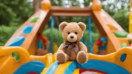 The brown bear doll is placed on a climbing structure in the playground, symbolizing childhood fun and adventure, evoking memories of joy and exploration.