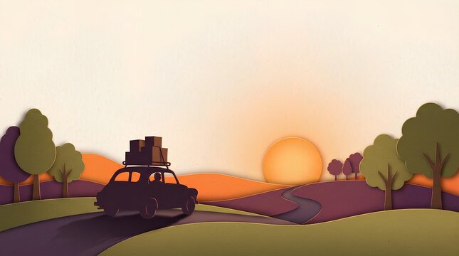 Bright Orange Sunset Road Trip Illustration for Eid Holiday