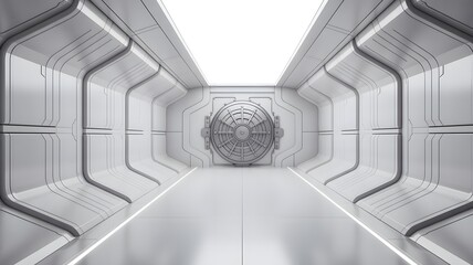 Fototapeta premium Futuristic Metallic Corridor With Circular Vault Door Interior