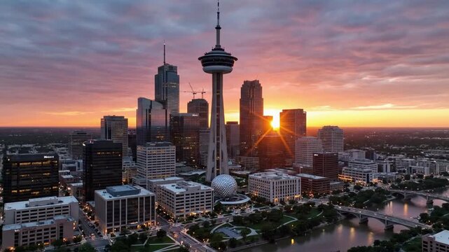 Sunset over the city skyline with tall buildings and a river below during evening hours