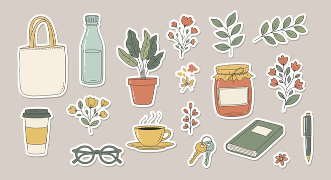 Charming Collection of Hand-Drawn Stickers Featuring Cozy Home and Nature Elements