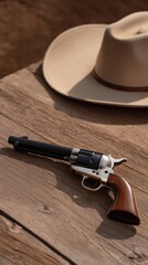 Obraz premium Old Revolver Resting on Wooden Table Beside Cowboy Hat in Rustic Setting