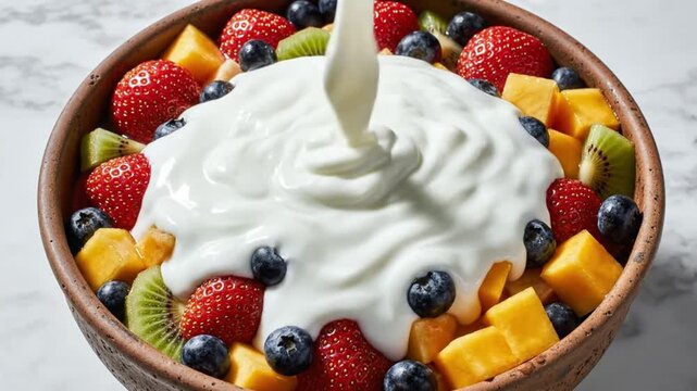 Delicious fresh fruit salad with strawberries, kiwi, blueberries, and mango with creamy yogurt drizzle