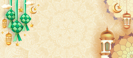 Eid Mubarak decoration banner with ornament and mandala pattern with space for text.