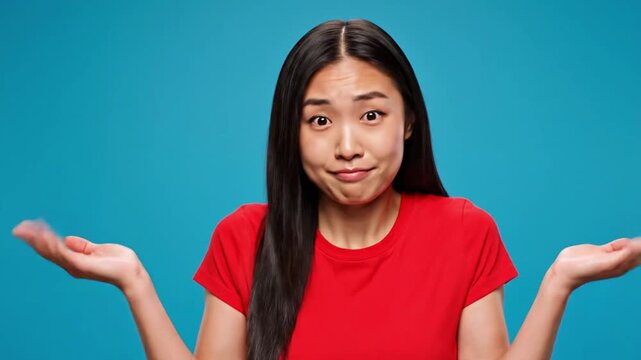 Young woman expresses confusion while wearing a red shirt against a blue background with a simple look on her face