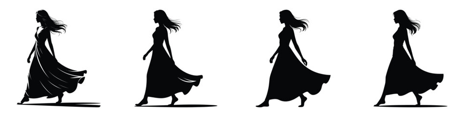 Fototapeta premium Elegant Woman Silhouette in Flowing Maxi Dress: Set of Summer Walking Poses - Minimalist Black and White Fashion Vector Art for Vacation, Lifestyle, and Wellness Design
