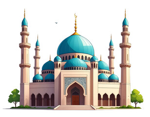 Islamic mosque with turquoise domes and tall minarets in an illustration