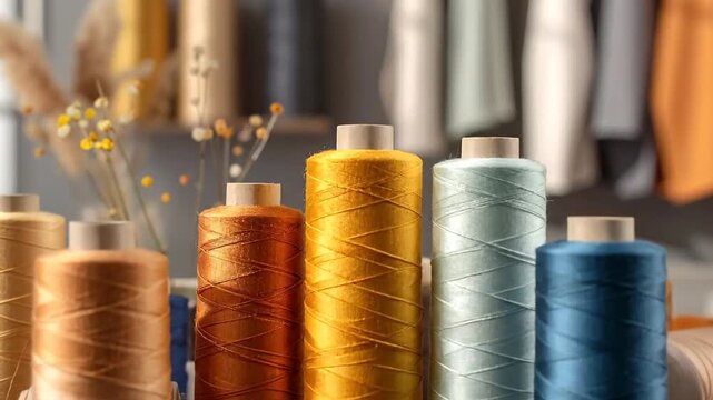 Colorful spools of thread arranged on a table, with a blurred background of fabrics and sewing supplies.