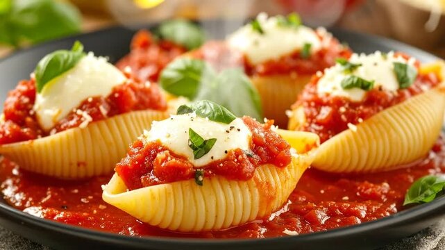 Delicious stuffed pasta shells with tomato sauce, mozzarella, and fresh basil, a culinary delight.
