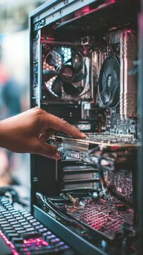 A person installs or upgrades a graphics card inside a modern desktop computer case, surrounded by RGB lighting and advanced cooling fans. Technology and gaming hardware concept