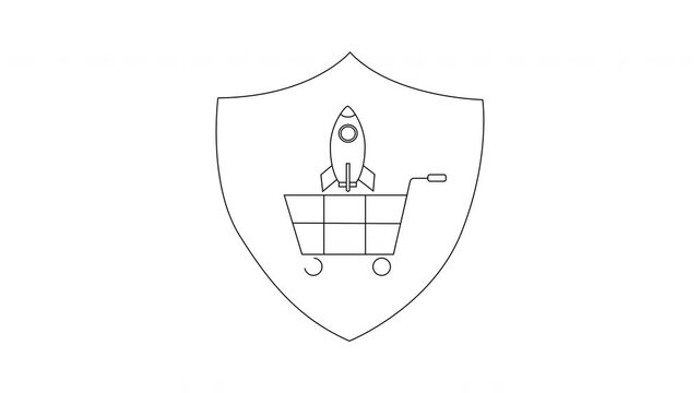 E-commerce Security Shield - Rocket Launching from Shopping Cart.
