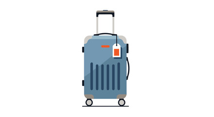 Naklejka premium Blue suitcase with tag and handle on wheels standing alone